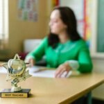 A blurred teacher in a classroom with a 'Best Teacher' trophy on the desk.