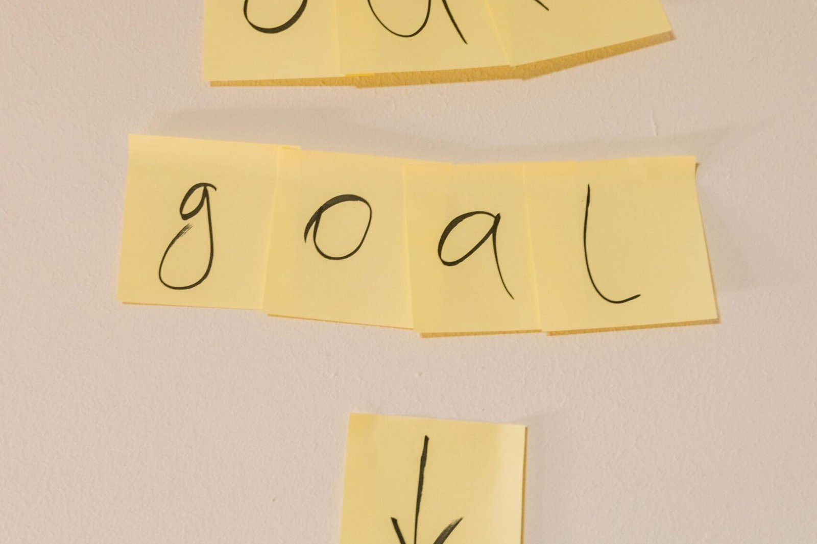 Sticky notes with the text 'our goal' on a wall emphasizing objectives.